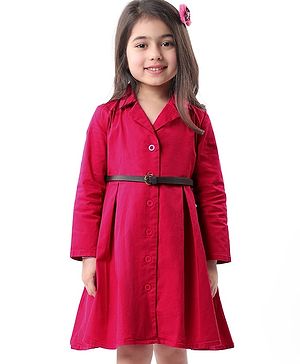 Babyhug Cotton Woven Full Sleeves Front Open Collared Solid Shirt Dress - Red