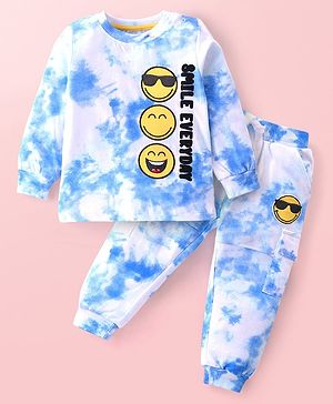 Babyhug Cotton Knit Full Sleeves T-Shirt & Lounge Pants Set With Tie Dye & Emoticon Print - Light Blue & White