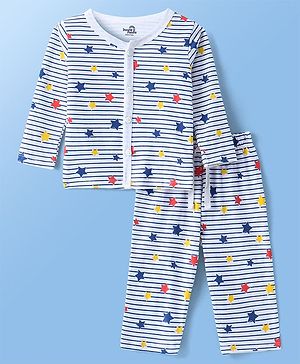 Doodle Poodle 100% Cotton Knit Full Sleeves Striped Night Suit With Stars Print - Off White & Navy