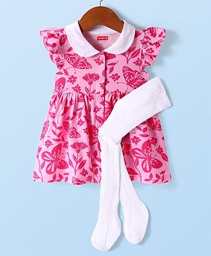 Babyhug Cotton Knit Frill Sleeves Frock With Floral & Butterfly Print & Stockings - Pink
