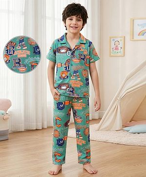 Pine Kids Single Jersey Knit Half Sleeves Night Suit with Text Print - Mint Green