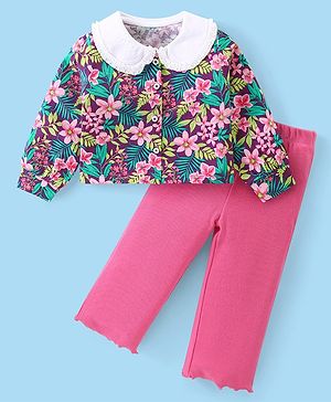 Babyhug Cotton Knit Full Sleeves Peter Pan Collared Floral Printed Front Open Top & Lounge Pants Set - Dark Pink