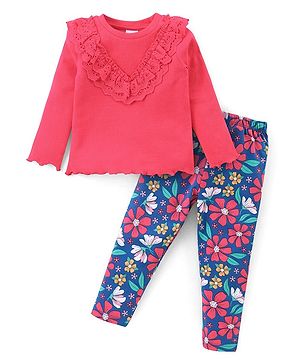 Babyhug Cotton Knit Full Sleeves Lace Detailed Top With Floral Printed Lounge Pants - Dark Pink & Blue