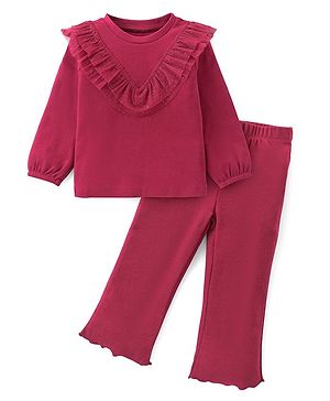 Babyhug Cotton Knit Full Sleeves Solid Color Top & Leggings Set With Mesh Detailing - Maroon