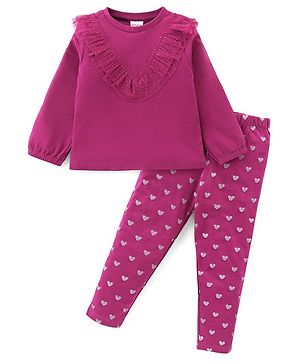 Babyhug Cotton Knit Full Sleeves Mesh Detailed Top With Hearts Printed Lounge Pant - Dark Pink