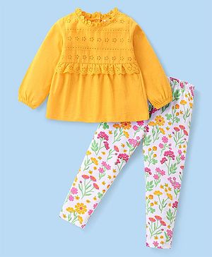 Babyhug Cotton Knit Full Sleeves  Schiffli & Lace Detailed Top With Floral Printed Leggings - Yellow