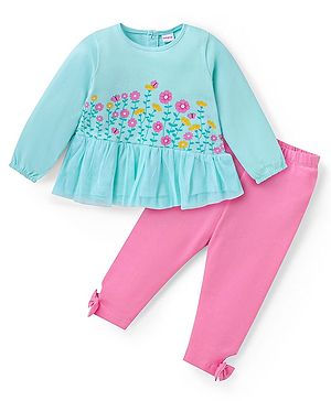 Babyhug Single Jersey Knit Full Sleeves Floral Printed Top & Leggings Set - Light Blue