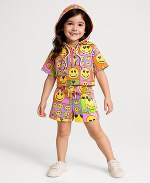 Babyhug Terry Knit Half Sleeves Smiley Printed Hooded T-Shirt & Shorts Set with Front Zipper  - Pink& Yellow