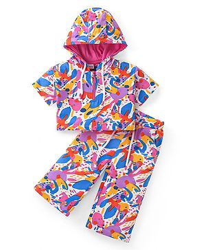 Babyhug Terry Knit Half Sleeves Hooded Abstract Printed T-Shirt & Pant Set - White & Pink