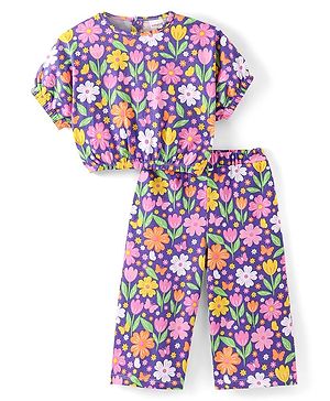 Babyhug Cotton Knit Half Sleeves Floral Printed Top & Lounge Pants Co-Ord Set - Purple
