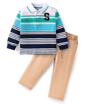 Babyhug Single Jersey Knit Full Sleeves Striped Polo T-Shirt & Trouser Set - Khaki & White