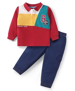 Babyhug Single Jersey Knit Full Sleeves Polo T-Shirt & Lounge Pant Set With Colour Block & Text Print - Red & Navy Blue