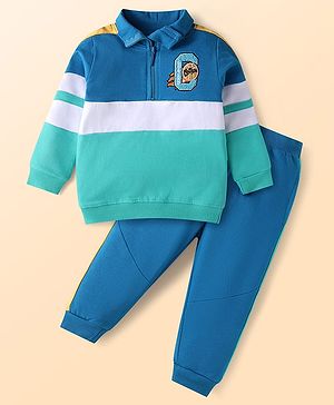 Babyhug Terry Knit Full Sleeves T-Shirt & Lounge Pant Set With Text Embroidery - Blue