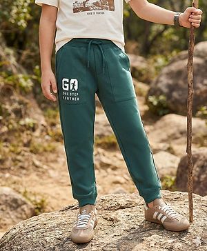 Pine Kids Cotton Knit Full Length Text Printed Lounge Pants - Dark Green