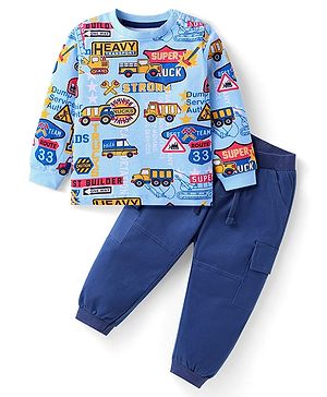 Babyhug Single Jersey Knit Full Sleeves Bus Printed T-Shirt & Joggers Set - Navy Blue