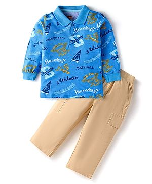 Babyhug Single Jersey Knit Full Sleeves Text Printed T-Shirt & Pant Set - Blue & Beige