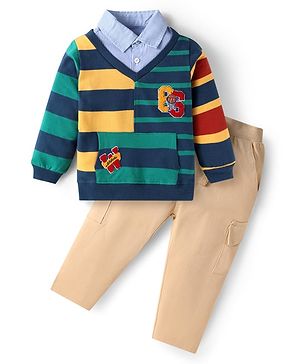 Babyhug Terry Knit Full Sleeves Overlapped T-Shirt & Lounge Pant Set With Text Embroidery - Dark Green & Beige