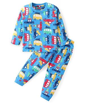 Babyhug Cotton Knit Full Sleeves Night Suit with Vehicles Print - Blue