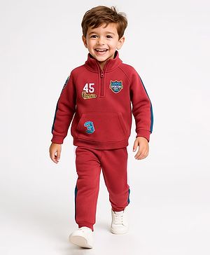 Babyhug Terry Knit Full Sleeves T-Shirt & Lounge Pant Set With Text Embroidery - Red