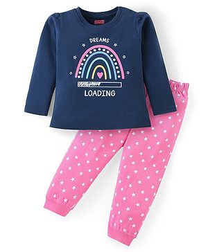 Babyhug Cotton Knit Full Sleeves Night Suit With Text & Stars Print - Navy & Pink