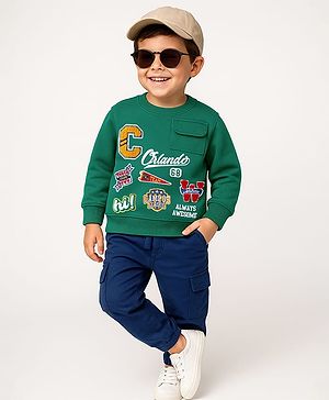 Babyhug Terry Knit Full Sleeves T-Shirt & Lounge Pant Set With Text Print & Embroidery - Green & Navy Blue