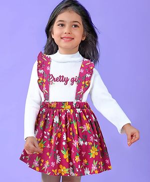 Babyhug Cotton Knit Full Sleeves Turtle Neck Top & Floral Printed Skirt With Suspender - Multicolor