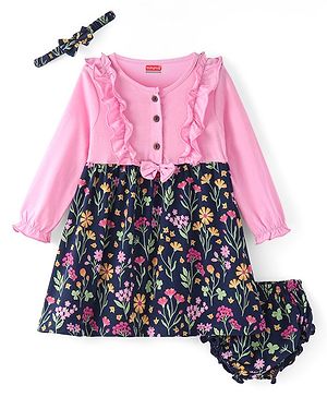 Babyhug Cotton Knit Full Sleeves Floral Printed Frock with Bloomer & Headband - Navy Blue