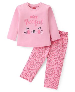 Babyhug Cotton Knit Full Sleeves Night Suit Text & Leopard Print - Pink