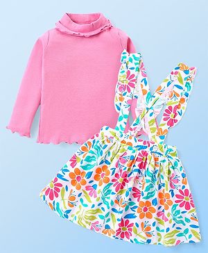 Babyhug Cotton Knit Full Sleeves Top & Floral Printed Skirt With Suspender - Pink