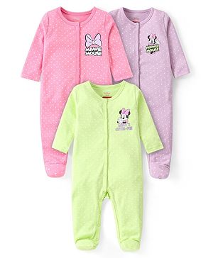 Babyhug Disney  Interlock Knit Full Sleeves Front Open Sleep Suit with Minnie Mouse Graphics Pack of 3 -Pink Purple & Neon Green