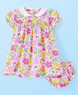 Babyhug Cotton Knit Half Sleeves Pter Pan Collared Floral Printed Frock with Bloomer - White