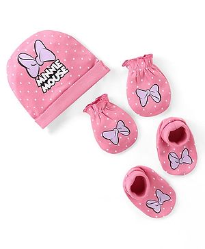 Babyhug Disney  Cap Mittens & Booties Set With Minnie Mouse Graphics - Pink