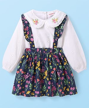 Babyhug Single Jersey Knit Full Sleeves Top & Skirt Set With Floral Print & Embroidery - White & Navy Blue