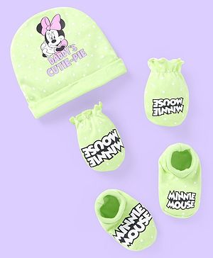 Babyhug Disney Cap Mittens & Booties Set With Minnie Mouse Graphics - Green