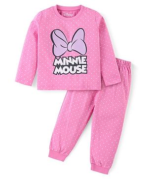 Babyhug Disney Cotton Knit Full Sleeves Night Suit With Minnie Mouse Graphics - Pink