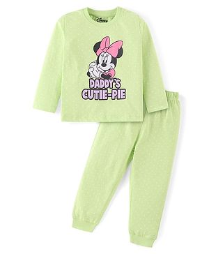 Babyhug Disney Single Jersey Knit Full Sleeves Night Suit With Minnie Mouse Graphic - Green