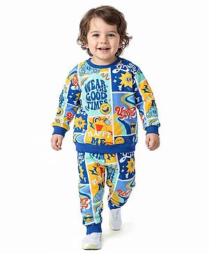 Babyhug Terry Knit Full Sleeves T-Shirt & Joggers Set with Text Print - Blue Yellow & Red