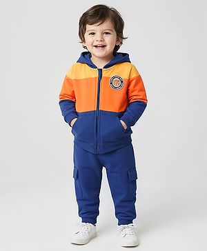 Babyhug Terry Knit Full Sleeves Hooded Sweatjacket & Lounge Pant Set With Bear Patch - Blue
