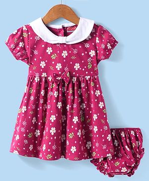 Babyhug Cotton Knit Half Sleeves Frock With Peter Pan Collar Bow Applique & Bloomer with Floral Print - Red