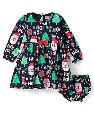 Babyhug Cotton Knit Full Sleeves Frock With Christmas Theme Print & Bloomer - Navy Blue