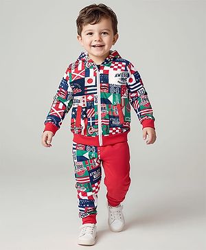Babyhug Terry Knit Full Sleeves Text Printed Hooded Sweatjacket & Joggers Set - Red & Blue