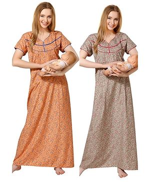 Piu Pack Of 2 Cotton Woven Half Sleeves Floral Printed Nighties With Side Zipper Nursing Access - Orange & Brown