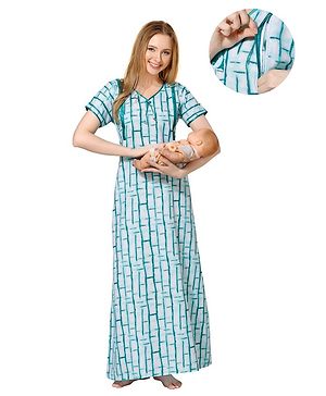 Piu Cotton Woven Half Sleeves Abstract Printed Nighty With Side Zipper Nursing Access - Green