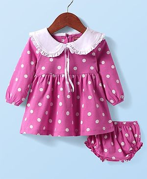 Babyhug Cotton Knit Full Sleeves Frock With Peter Pan Collar & Bloomer with Polka Dot Print - Dark Pink