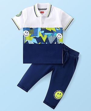 Babyhug Single Jersey Knit Half Sleeves Cut and Sew Polo T-Shirt with Lounge Pants with Smiley Print - White & Navy Blue