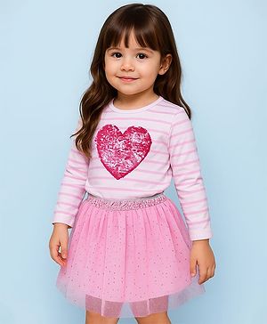 Babyhug Single Jersey Full Sleeves Top with Reverseble Sequinned Heart & Mid Thigh Length Skirt - Pink