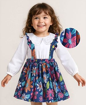 Babyhug Single Jersey Knit Full Sleeves Solid Colour Top & Skirt With Floral Print - White & Navy Blue