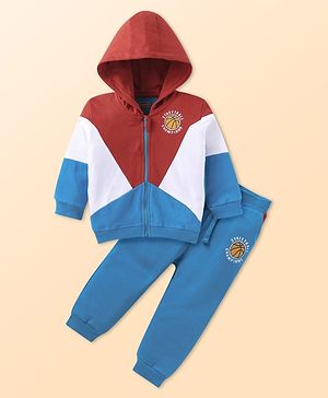 Babyhug Terry Knit Full Sleeves Hooded Sweatjacket & Lounge Pant With Cut & Sew Design & Text Embroidery - Blue