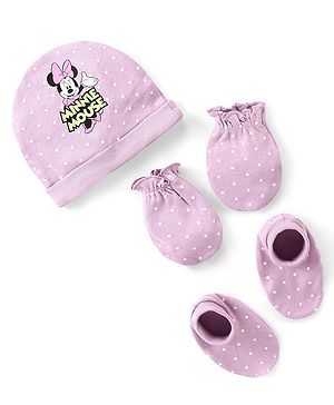 Babyhug Disney Cap Mittens & Booties Set With Minnie Mouse Graphics - Lilac