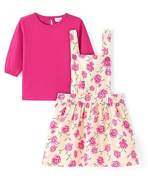 Babyhug Cotton Knit Floral Printed Frock with Full Sleeves Solid T-Shirt - Dark Pink